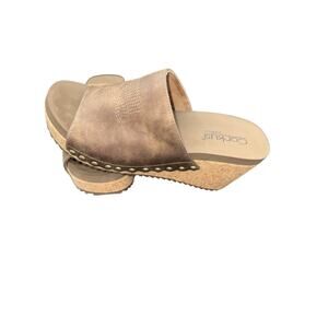 Corkys Saddle Up wedge sandals in a taupe/tan color, Size 8 M